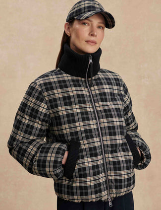 Bryony Short Puffer Jacket - Navy Check Bryony Short Puffer Jacket - Navy Check