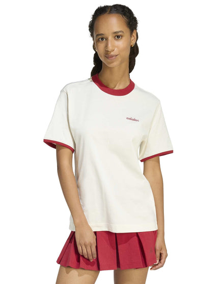 adidas Seasonal Essentials Colorpop T-Shirt with Embroidered Graphic - Off White/Active Maroonimages1- The Sports Edit