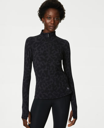 Funnel Neck Half Zip Running Top - Black Leopard