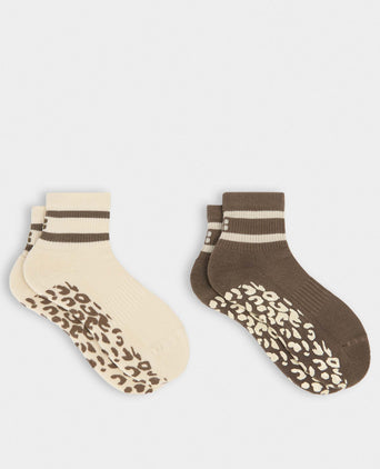Animal Print Mini Pilates Crew Gripper 2 Pack - Khaki Brown/Pebble Beige