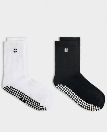 Pilates Crew Gripper Sock 2 Pack - White/Black