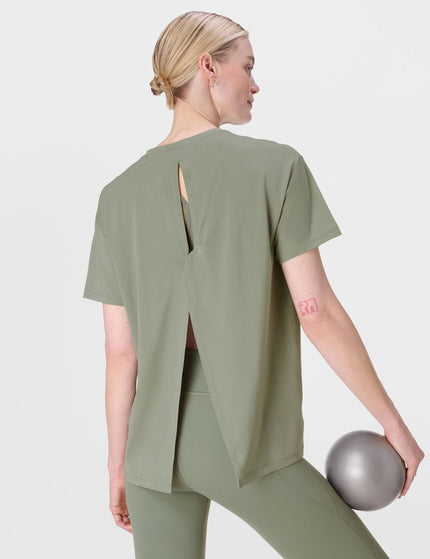 Sweaty Betty Soft Flow Studio Wrap Back T-Shirt - Willow Greenimage4- The Sports Edit