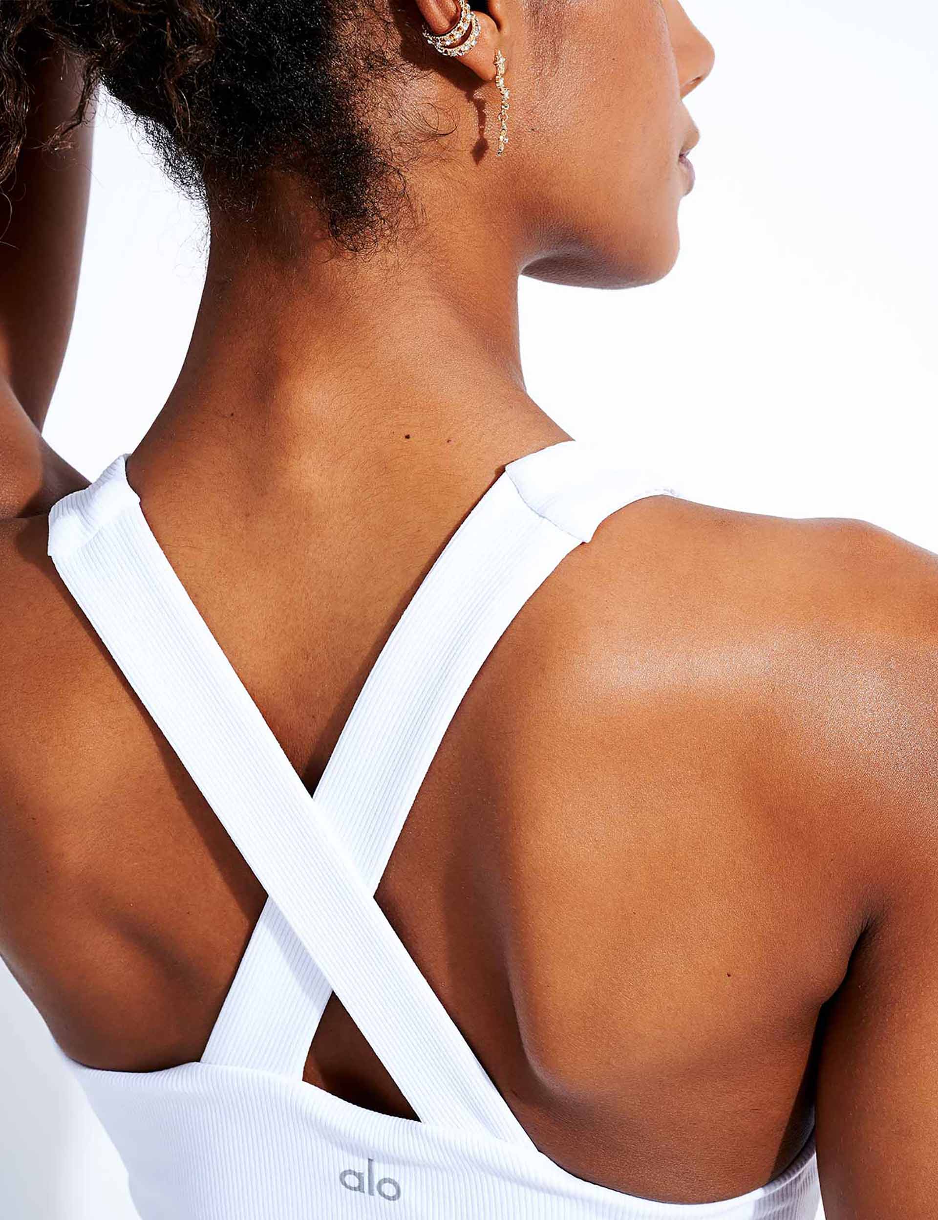 Alo Yoga Top Tank White Ribbed Elevate Sport Gym Anti Odor Criss Cross  Straps XS